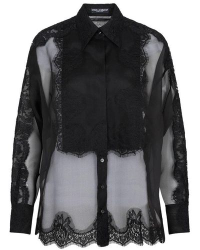 Dolce & Gabbana Floral Lace-detailed Semi-sheer Buttoned Shirt - Black