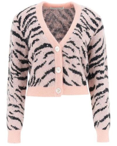 Alessandra Rich Zebra Pattern Knitted Cardigan With Hotfix - White