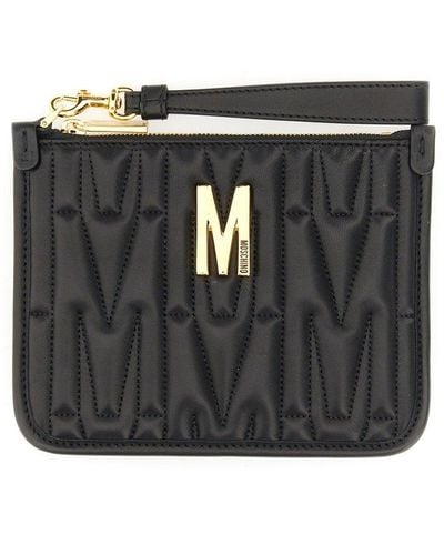 Moschino Logo Plaque Quilted Zipped Clutch Bag - Black