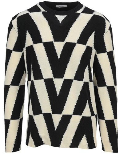 Valentino Cashmere Crewneck Sweater With All-over Macro Optical V - Black