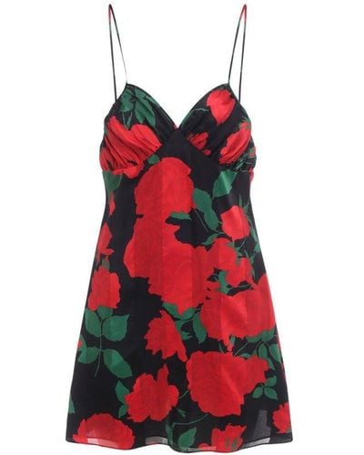 Saint Laurent Floral Printed Sleeveless Dress - Red
