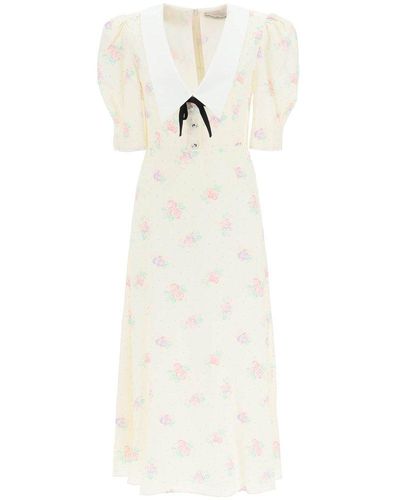 Alessandra Rich Long Dress In Rose Print Jacquard Silk - White