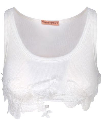 Ermanno Scervino Floral Embellished Ribbed Cropped Tank Top - White