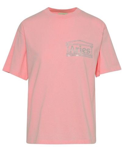 Aries Logo Embellished Crewneck T-shirt - Pink