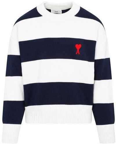 Ami Paris Paris De Coeur Striped Crewneck Sweater - Blue