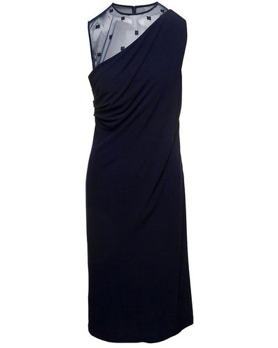 Givenchy Midi E Sleeveless Draped Dress With 4g Plumentis Trasparent Tulle In Viscose - Blue