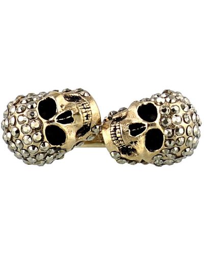 Alexander McQueen Gold Tone Embellished Twin Skull Ring - Metallic