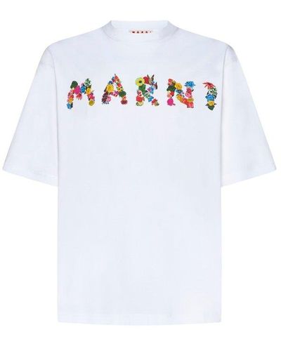 Marni Logo Floral Printed Crewneck T-shirt - White