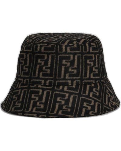 Fendi Logo Printed Raffia Bucket Hat - Black