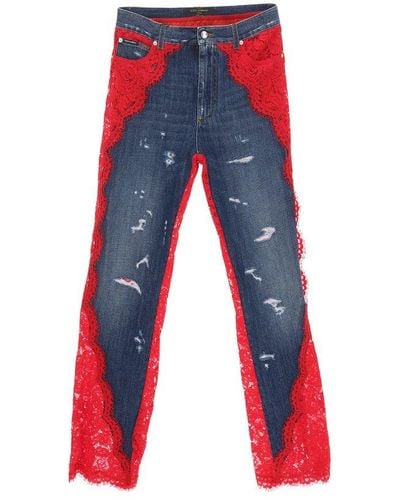 Dolce & Gabbana Distressed Lace-detailed Wide-leg Jeans - Red