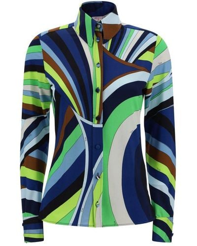 Emilio Pucci Wave-printed Long-sleeved Buttoned Shirt - Green