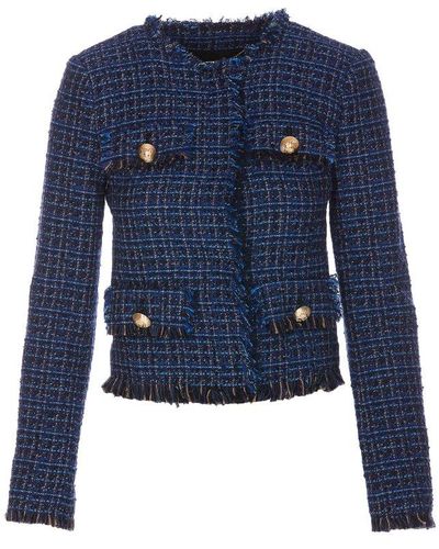 Liu Jo Fringed-edge Cropped Tweed Jacket - Blue