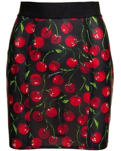 Dolce & Gabbana Black Mini-skirt With All-over Cherry Print In Stretch Polyamide Woman - Red