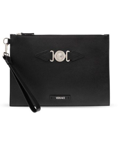 Versace Logo Plaque Zipped Clutch Bag - Black