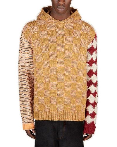 Marni Paneled Chequerboard Knitted Hoodie - Natural