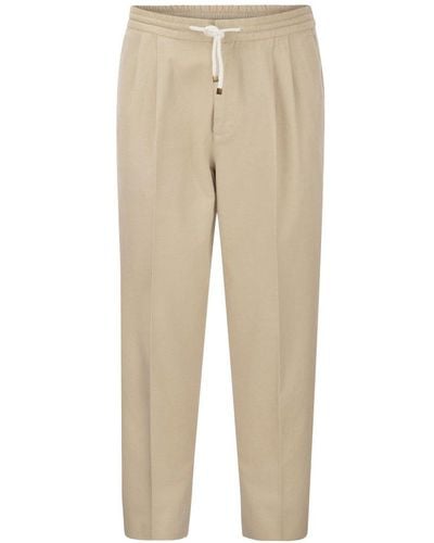 Brunello Cucinelli Leisure Fit Cotton Gabardine Trousers With Drawstring And Double Darts - Natural