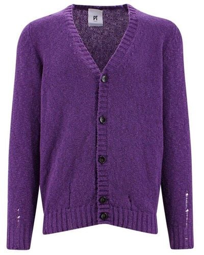 PT Torino V-neck Buttoned Knitted Distressed Cardigan - Purple