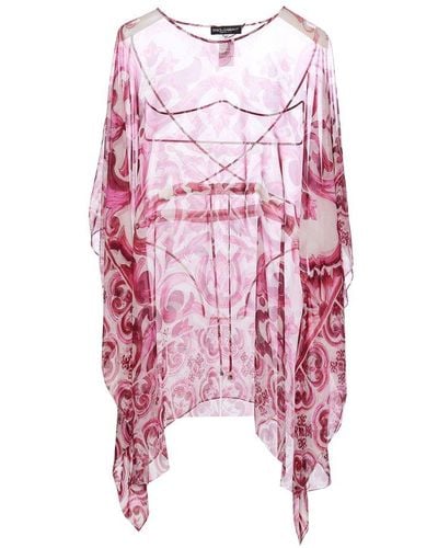 Dolce & Gabbana Majolica-print Round Neck Dress - Pink