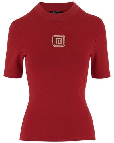 Balmain Stretch Viscose Blend T-shirt With Logo - Red