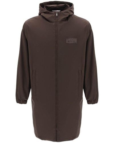 Valentino Logo Patch Zip-up Long-sleeved Coat - Brown