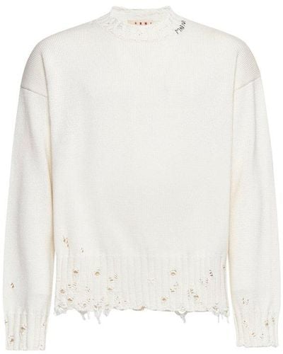 Marni Distressed Crewneck Knitted Jumper - White