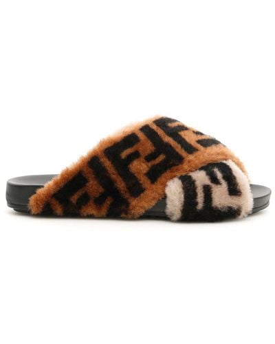 Fendi Shearling Ff Logo Sandals - Brown