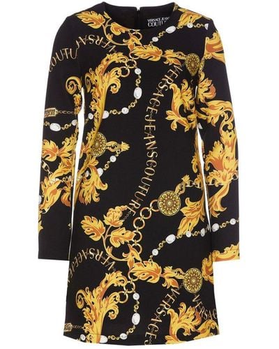 Versace Baroque-printed Long-sleeved Crewneck Mini Dress - Black