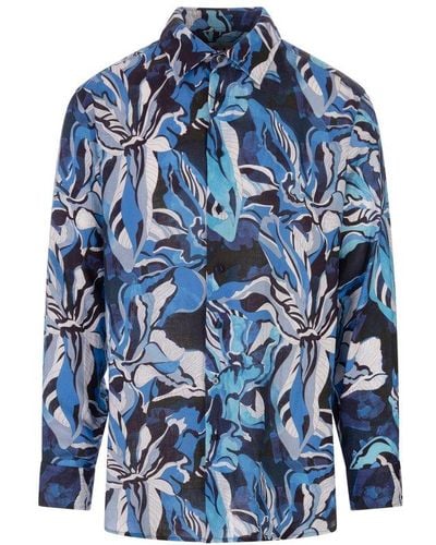 Etro Floral Foliage-printed Long-sleeved Shirt - Blue