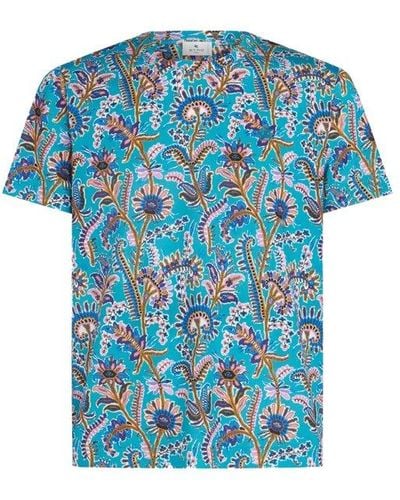Etro Floral-printed Crewneck T-shirt - Blue
