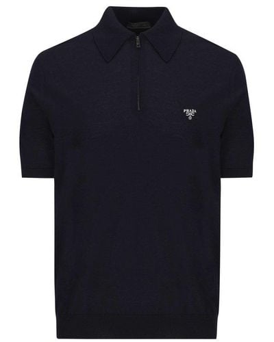 Prada Logo Embroiderd Short-sleeved Polo Shirt - Blue