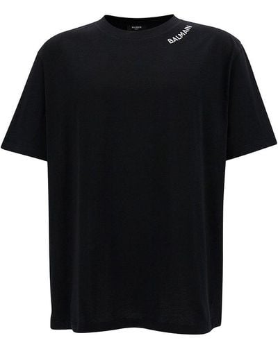 Balmain Logo Embroidered Crewneck T-shirt - Black