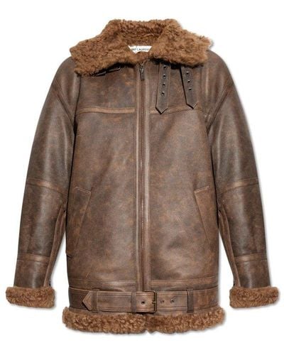 Saint Laurent Hooded Shearling Jacket, - Brown