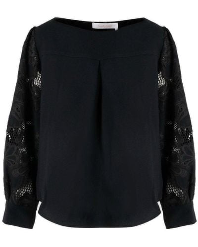 See By Chloé Floral Embroidered-sleeve Blouse - Black