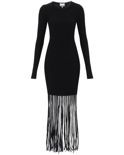 Ganni Ribbed-knit Fringed Crewneck Mini Dress - Black
