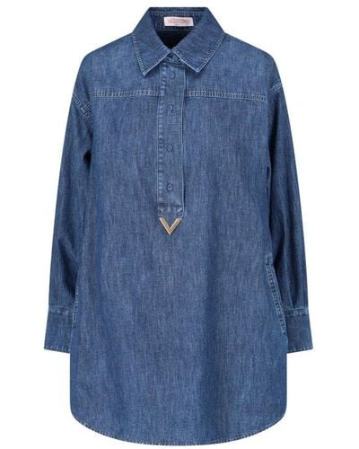 Valentino Vgold Curved Hem Denim Shirt Dress - Blue