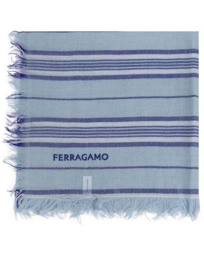Ferragamo Logo Embroidered Striped Frayed Scarf - Blue