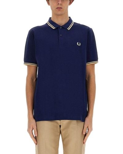 Fred Perry Logo Embroidered Short Sleeved Polo Shirt - Blue