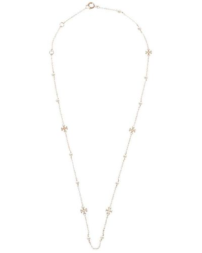 Tory Burch "kira" Necklace With Logo And Pearls - Metallic