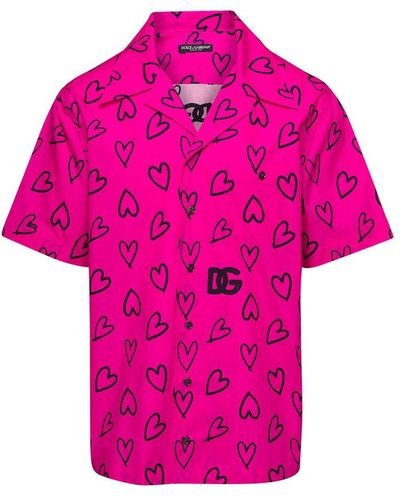 Dolce & Gabbana Fuchsia Bowling Shirt With All-over Heart Print In Cotton Man - Pink