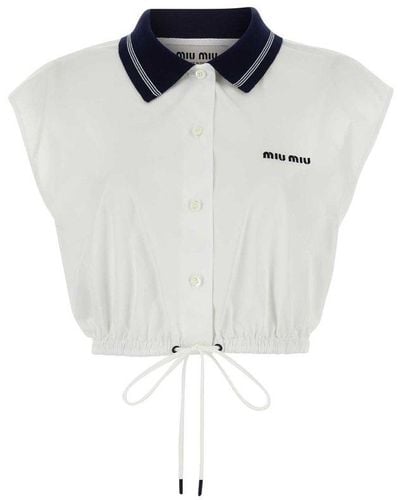Miu Miu Logo-embroidered Sleeveless Poplin Cropped Shirt - White