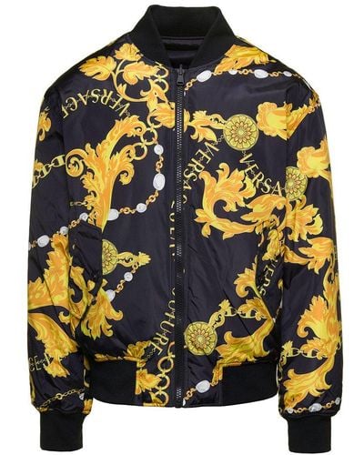 Versace Black Reversible Bomber Jacket With 'baroque' And 'chain' Motif In Nylon Man - Gray