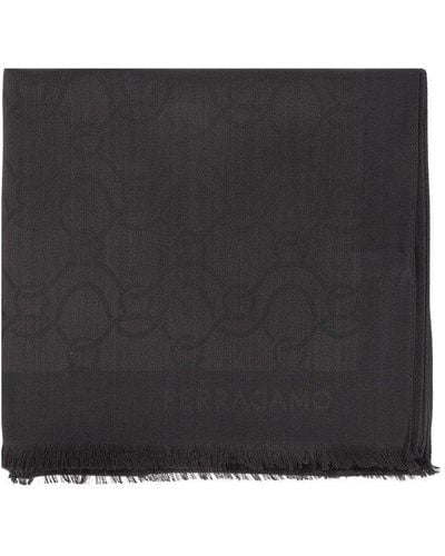 Ferragamo Logo Detailed Frayed-edge Scarf - Black