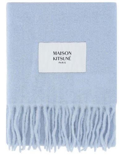 Maison Kitsuné Logo Patch Fringed Knit Scarf - Blue
