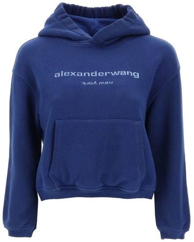 Alexander Wang Cropped Hoodie With Glitter Logo - Blue