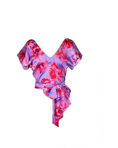 Pinko Floral-printed V-neck Belted Waist Top - Pink