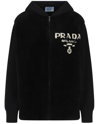Prada Logo Detailed Zip-up Oversized Hoodie - Black