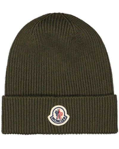 Moncler Logo Patch Ribbed Knit Beanie - Green