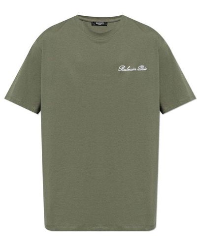 Balmain Logo Embroidered Crewneck T-shirt - Green