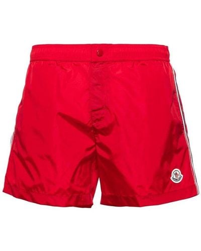 Moncler Logo Patch Stripe Detailed Swim Shorts - Red
