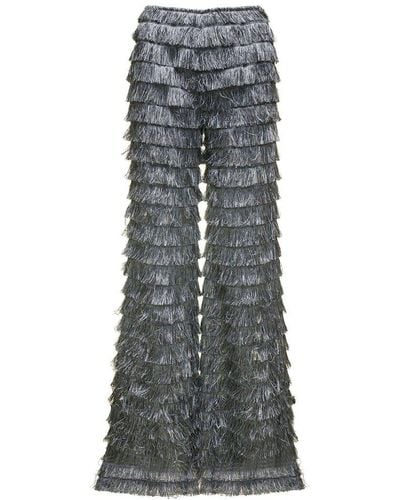 Alberta Ferretti Gray Flare Pants With All-over Fringes In Semi-sheer Fabric Woman